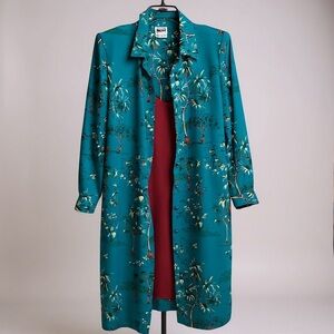 Vintage Leslie Fay Tropical Palm Tree Print Long Sleeve Shirt Dress Duster 16P